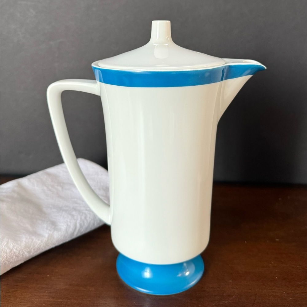 SOLD | Vintage Seyei Japan Footed Porcelain Coffee Tea Pot White w/Blue Border